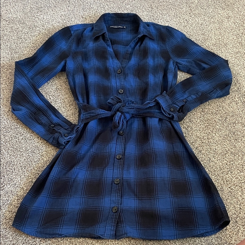 Abercrombie & Fitch Navy and Black Plaid Long-Sleeve Shirt Dress